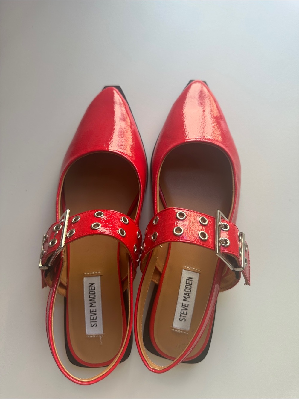 Steve Madden Red Patent Pointed-Toe Slingback Flats with Buckle